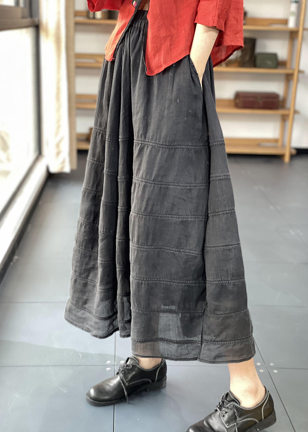 Unique Black Striped Patchwork Elastic Waist Maxi Skirts