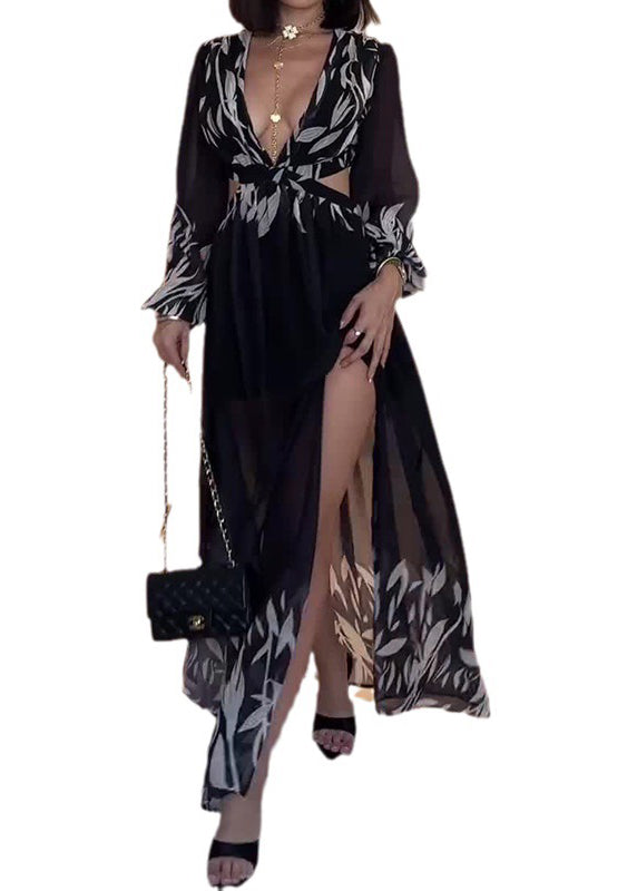 Unique Black V Neck Hollow Out Side Open Chiffon Dresses Lantern Sleeve