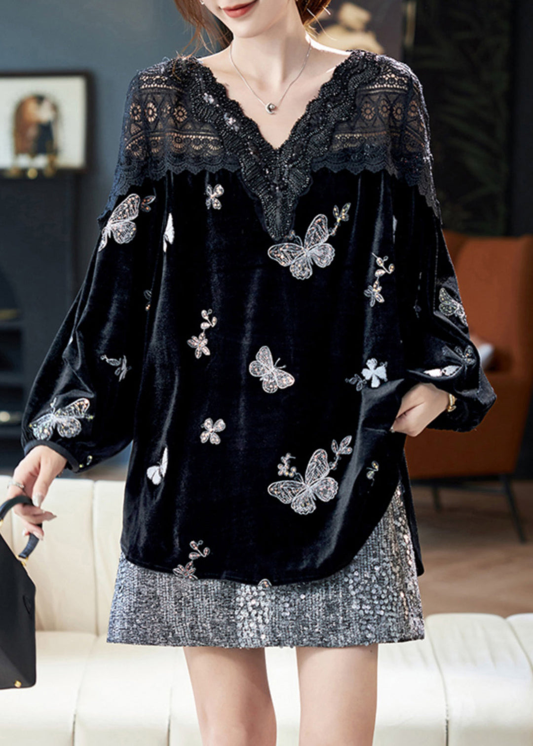 Unique Black V Neck Lace Butterfly Patchwork Silk Velour Blouse Top Spring