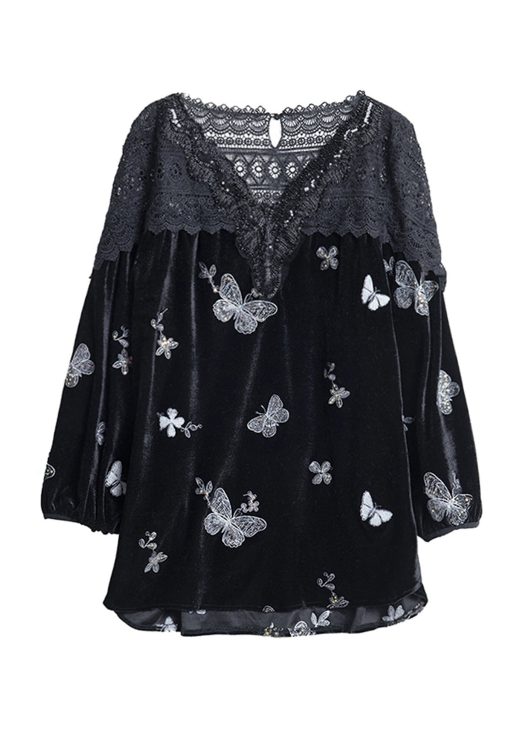 Unique Black V Neck Lace Butterfly Patchwork Silk Velour Blouse Top Spring