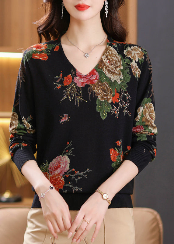 Unique Black V Neck Print Zircon Woolen Knit Sweaters Spring