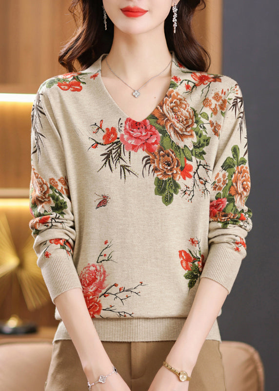 Unique Black V Neck Print Zircon Woolen Knit Sweaters Spring