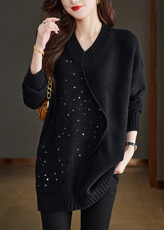 Unique Black V Neck Sequins Patchwork Woolen Sweater Spring