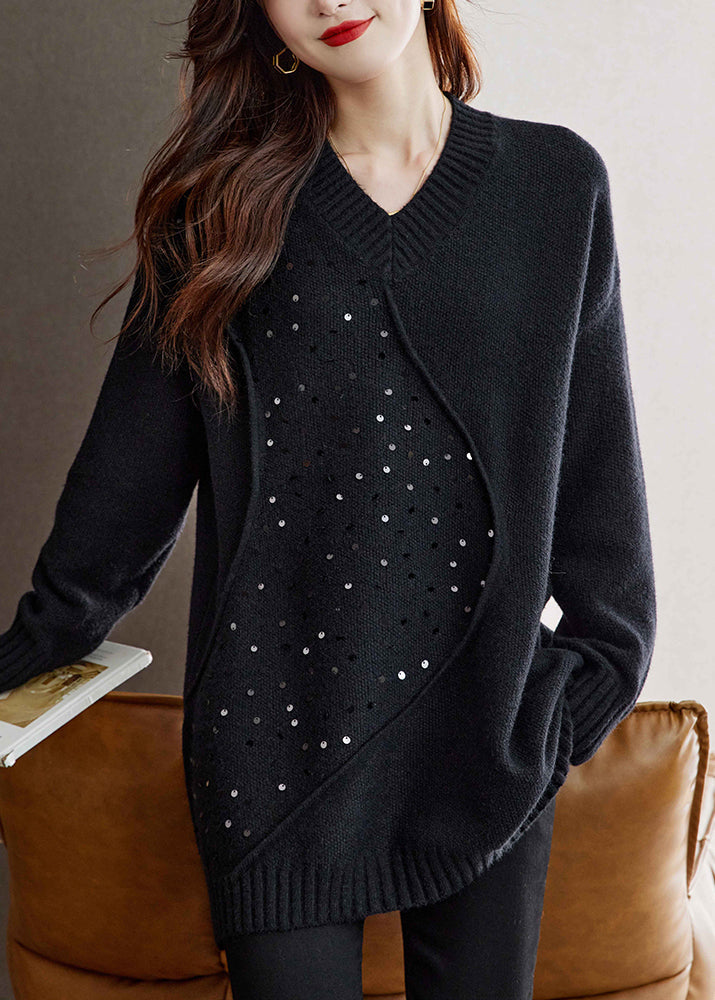 Unique Black V Neck Sequins Patchwork Woolen Sweater Spring