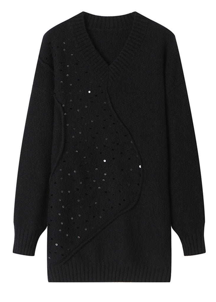 Unique Black V Neck Sequins Patchwork Woolen Sweater Spring