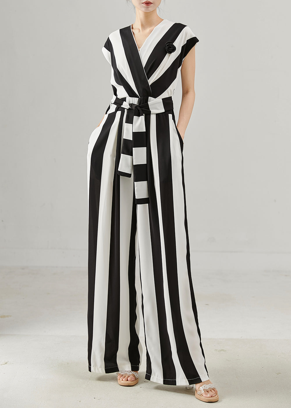 Unique Black White Striped Chiffon Jumpsuits Summer