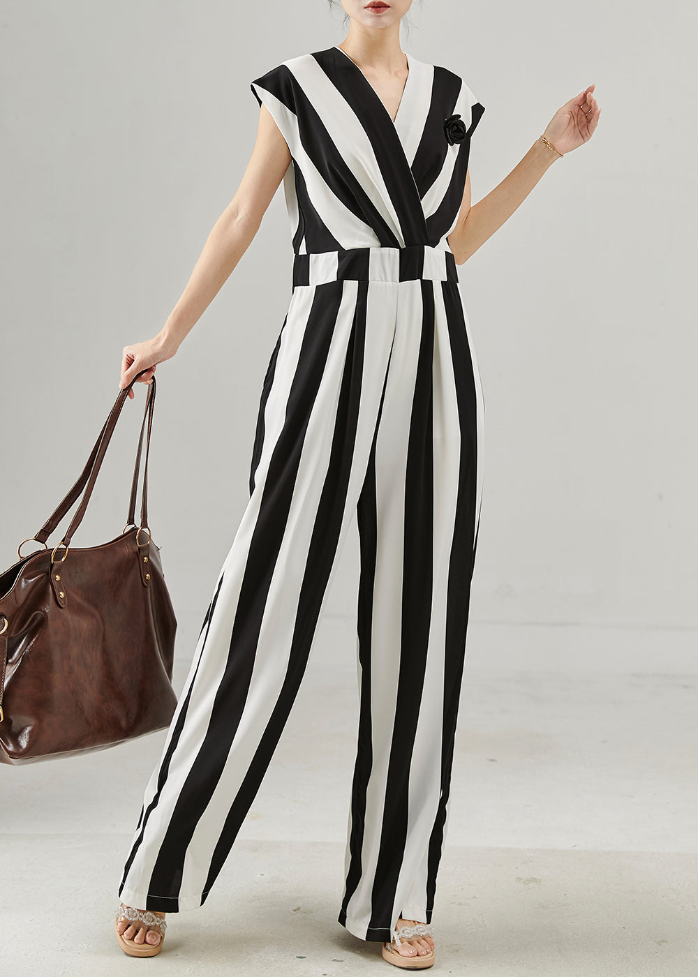 Unique Black White Striped Chiffon Jumpsuits Summer