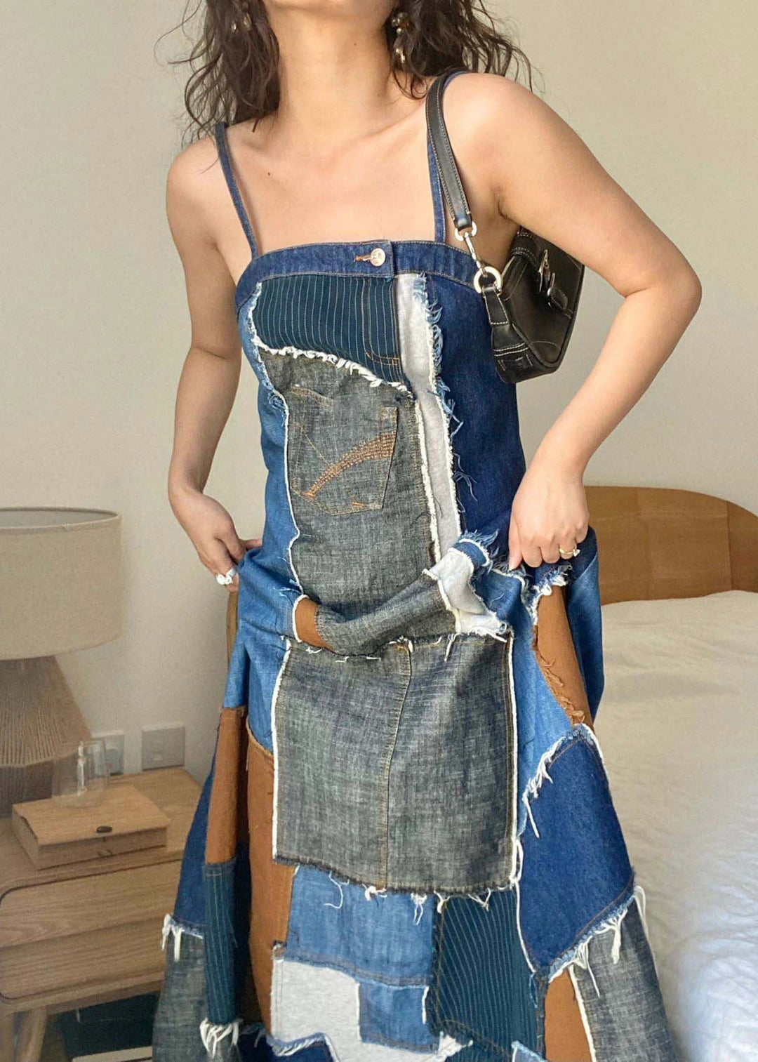 Unique Blue Asymmetrical Patchwork Denim Spaghetti Strap Dress