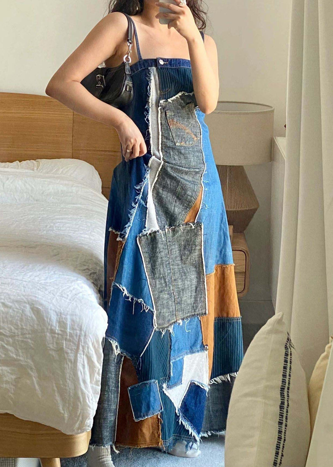 Unique Blue Asymmetrical Patchwork Denim Spaghetti Strap Dress