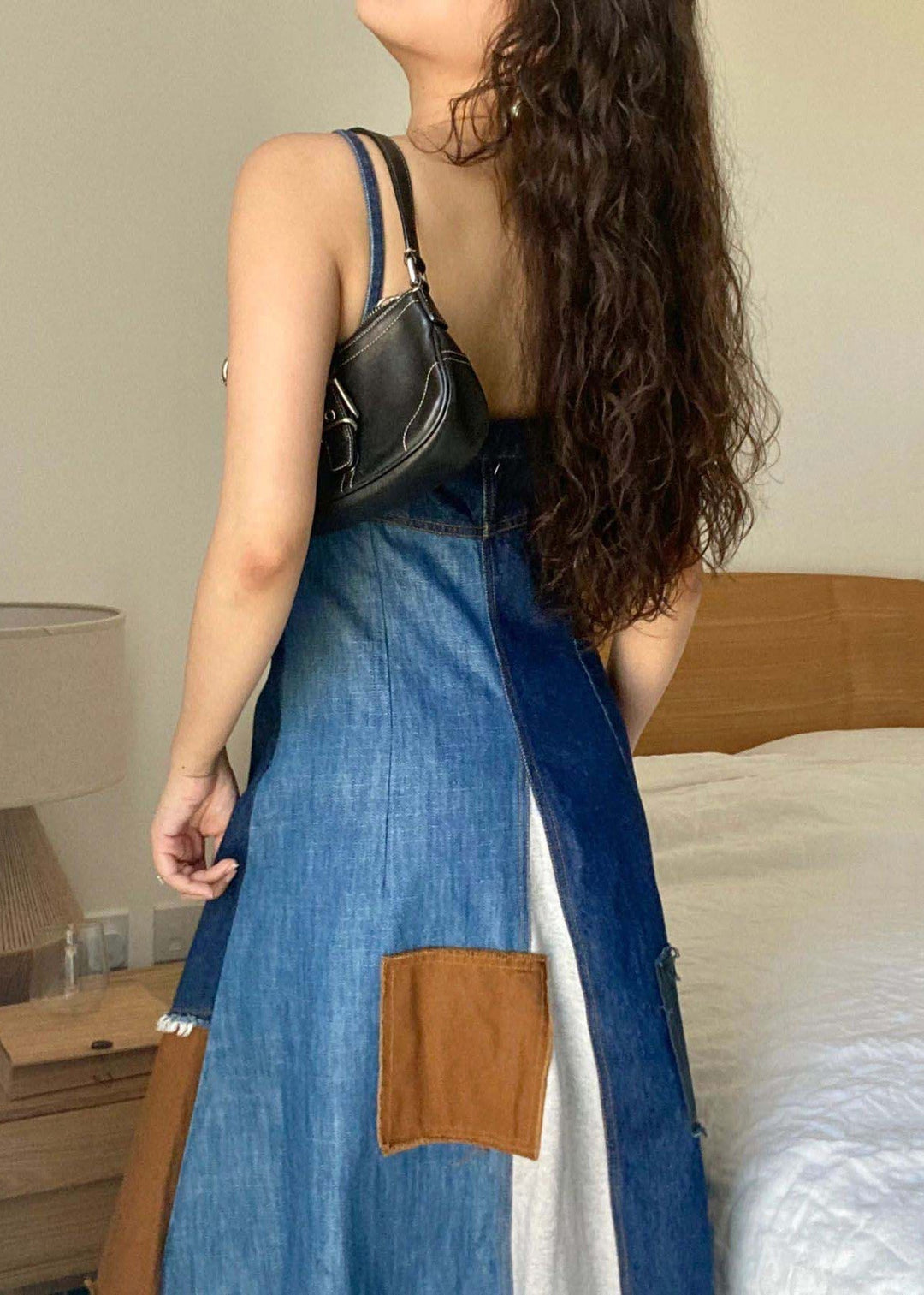 Unique Blue Asymmetrical Patchwork Denim Spaghetti Strap Dress