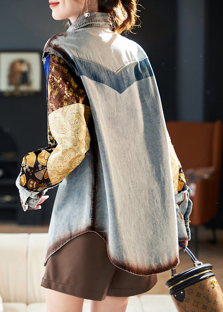 Unique Blue Oversized Patchwork Print Denim Coats Spring