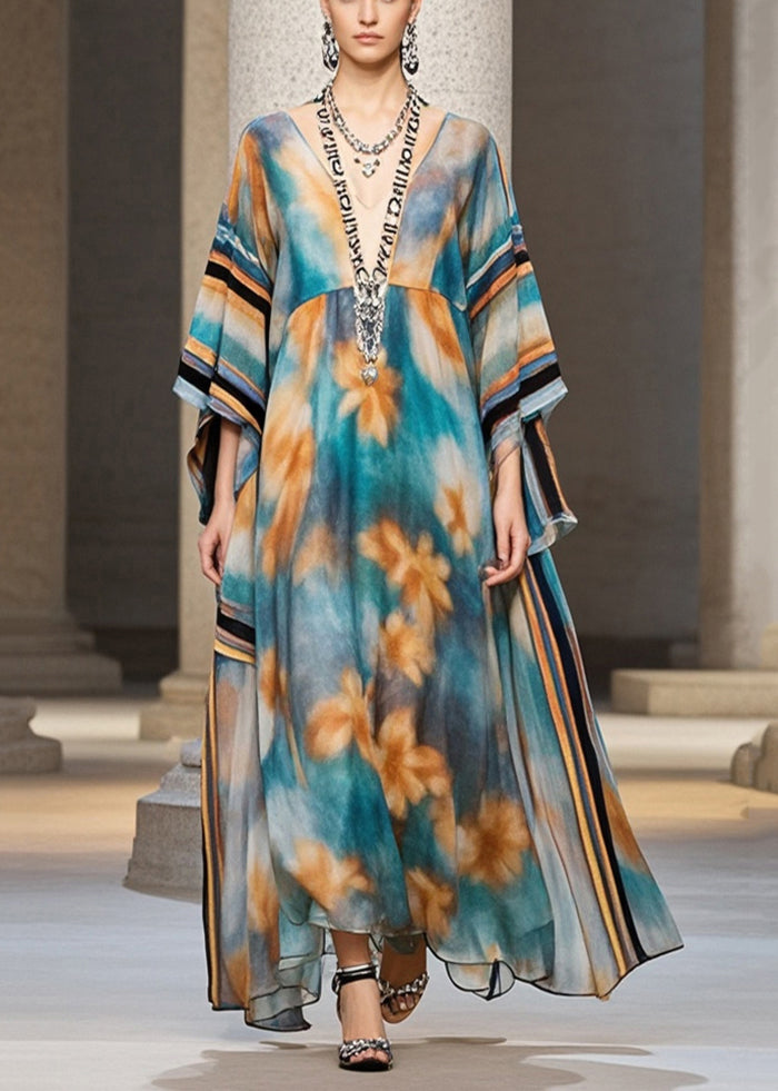 Unique Blue Oversized Print Chiffon Maxi Dresses Batwing Sleeve