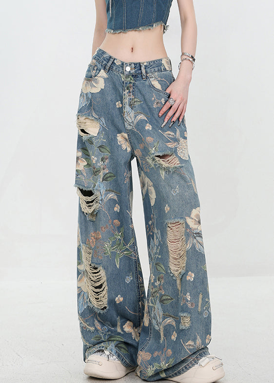 Unique Blue Print Hole High Waist Denim Pants Summer