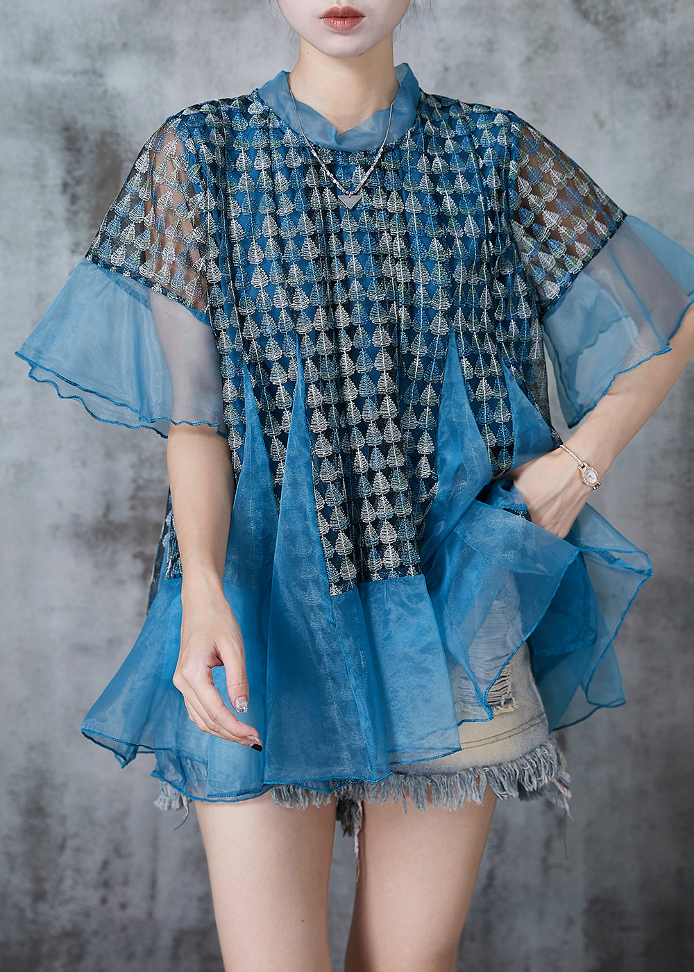 Unique Blue Print Patchwork Organza Shirt Top Summer