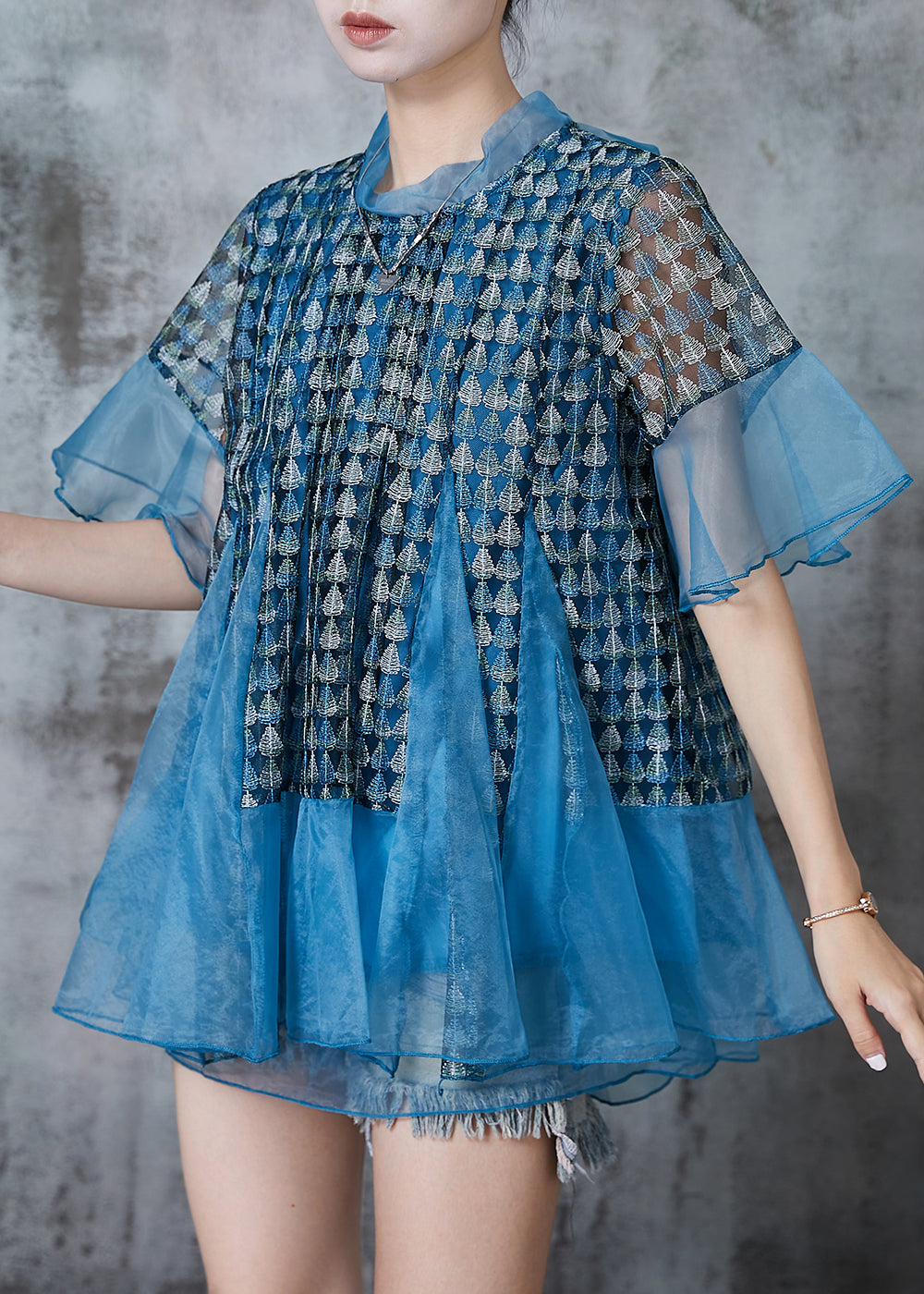 Unique Blue Print Patchwork Organza Shirt Top Summer