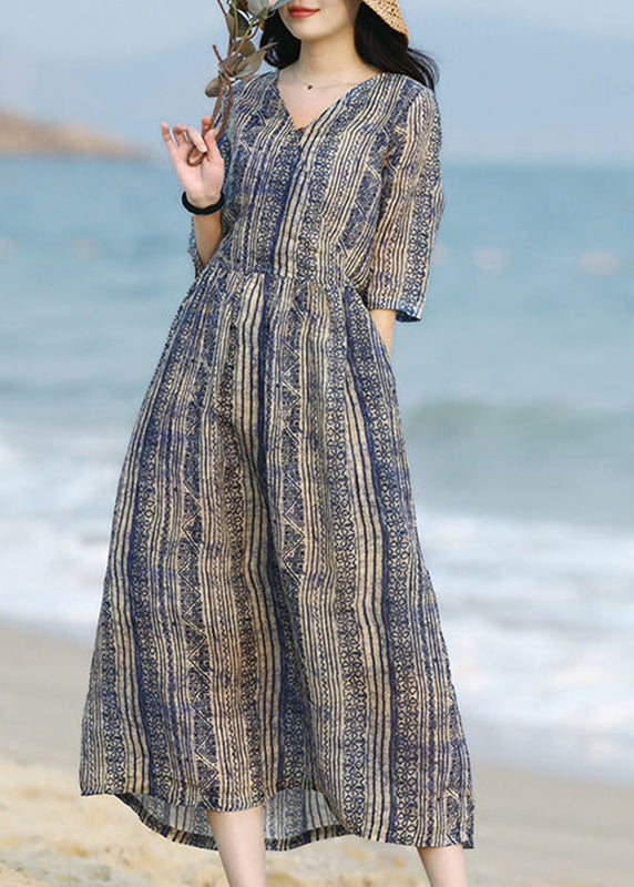 Unique Blue V Neck Print Pockets Cotton Long Dresses Summer