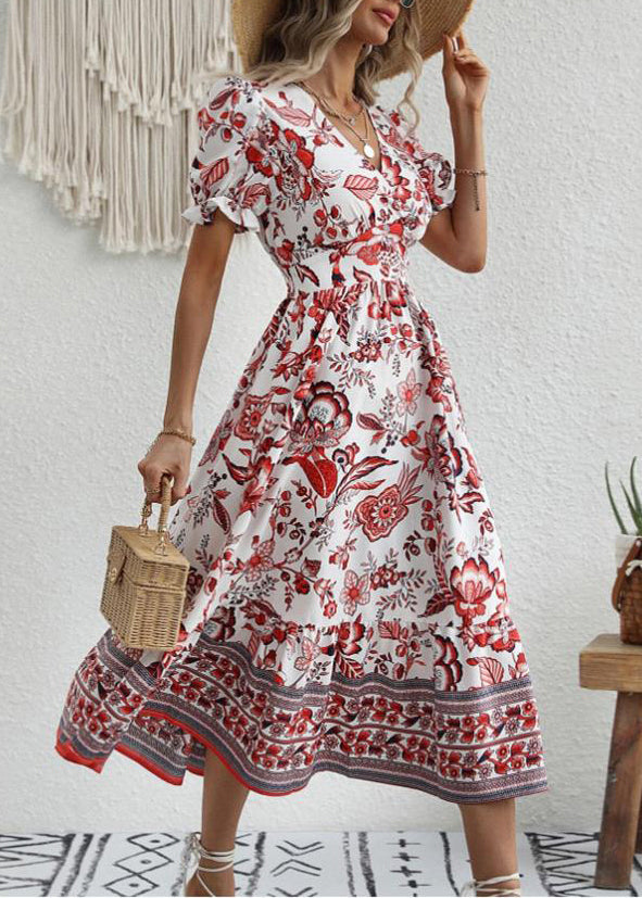 Unique Blue V Neck Puff Sleeve Print Long Dress