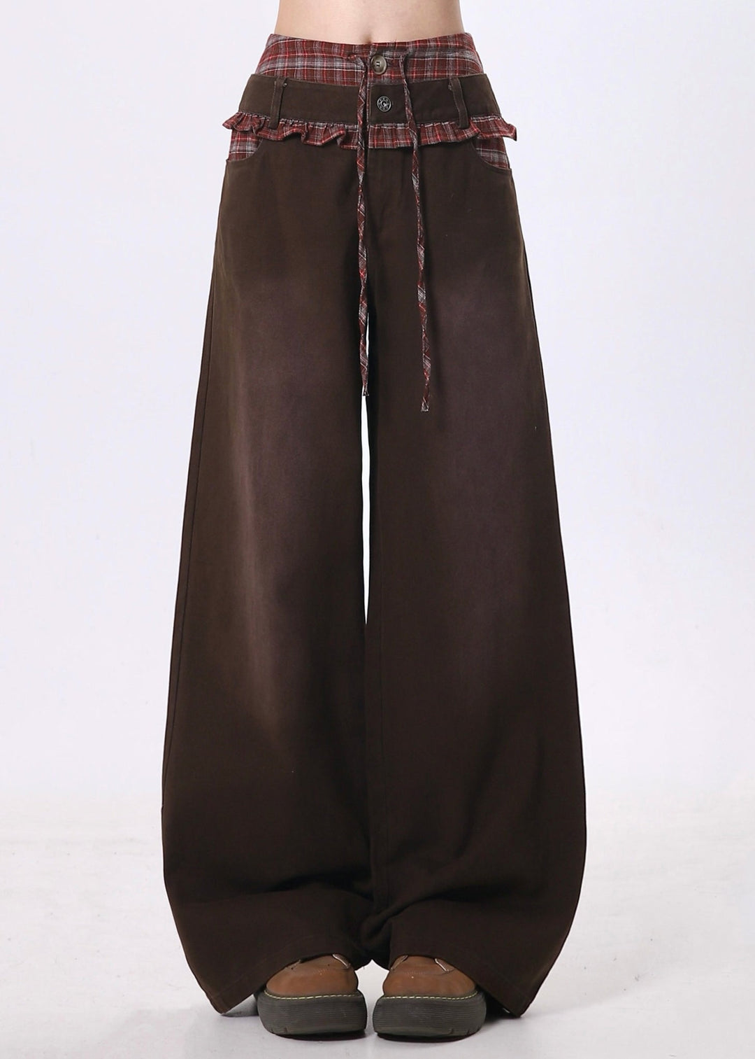 Unique Brown Ruffled Patchwork Cotton Pants Spring