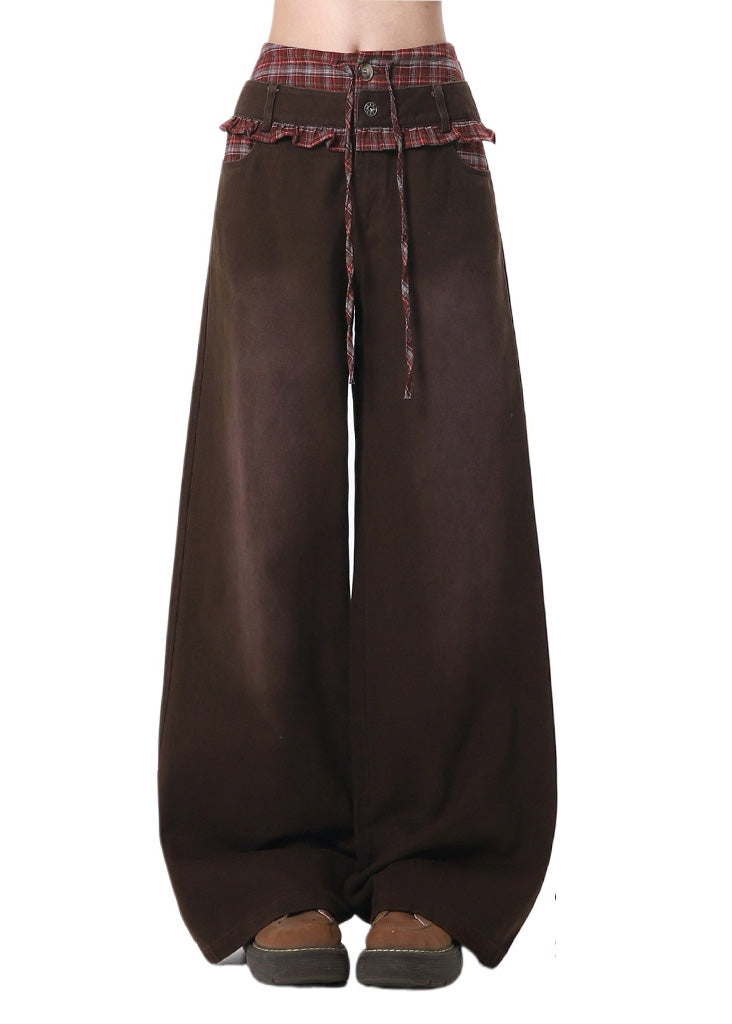 Unique Brown Ruffled Patchwork Cotton Pants Spring