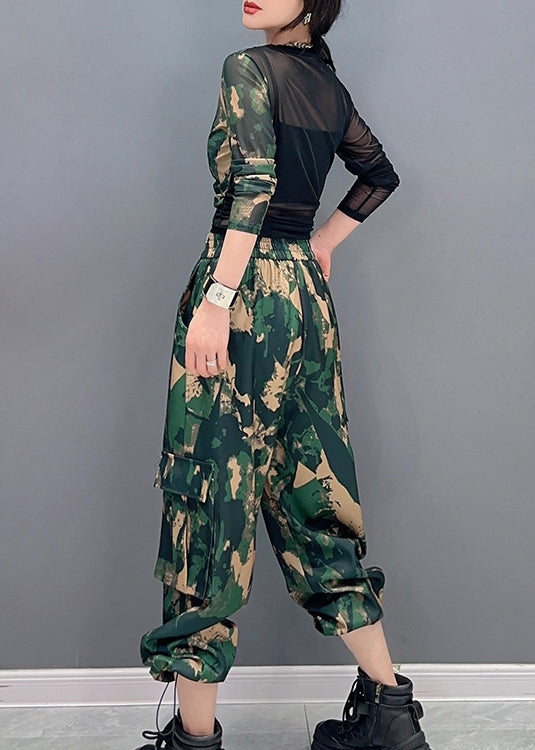 Unique Camouflage Print Tulle Patchwork Top And Pants Two Pieces Set Spring