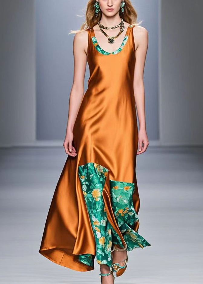 Unique Caramel Asymmetrical Patchwork Silk Long Dress Sleeveless