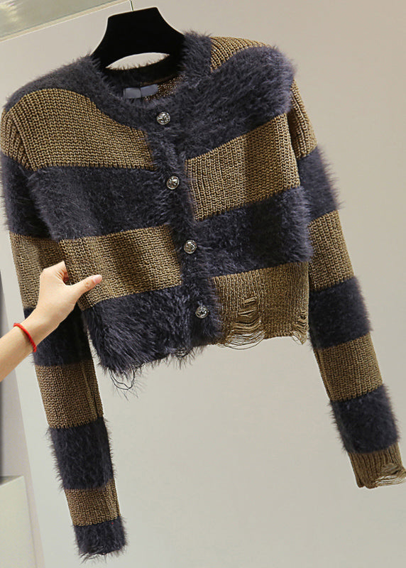 Unique Coffee O-Neck Striped Hole Ma Hai Mao Cotton Knit Sweater Winter