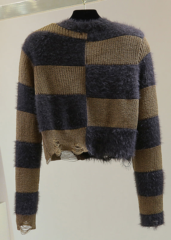 Unique Coffee O-Neck Striped Hole Ma Hai Mao Cotton Knit Sweater Winter