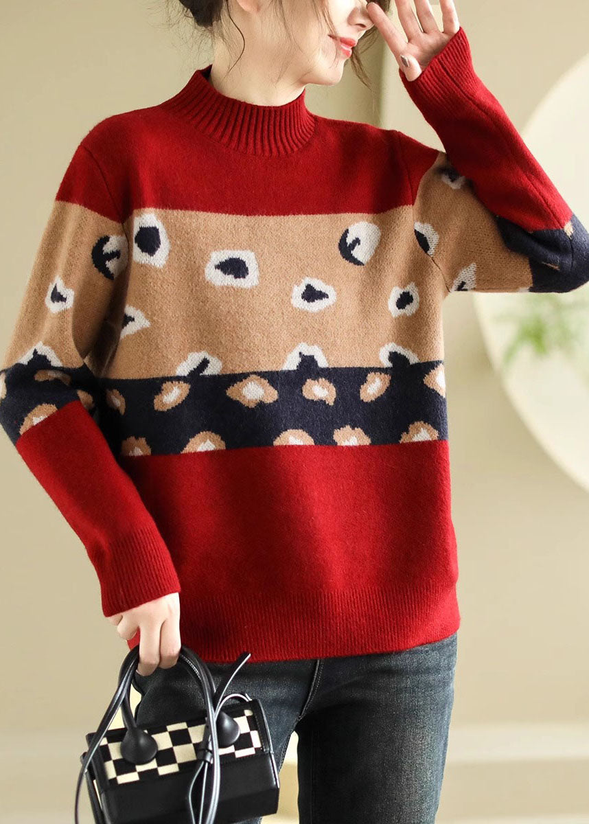 Unique Coffee O Neck Thick Print Knit Sweater Spring