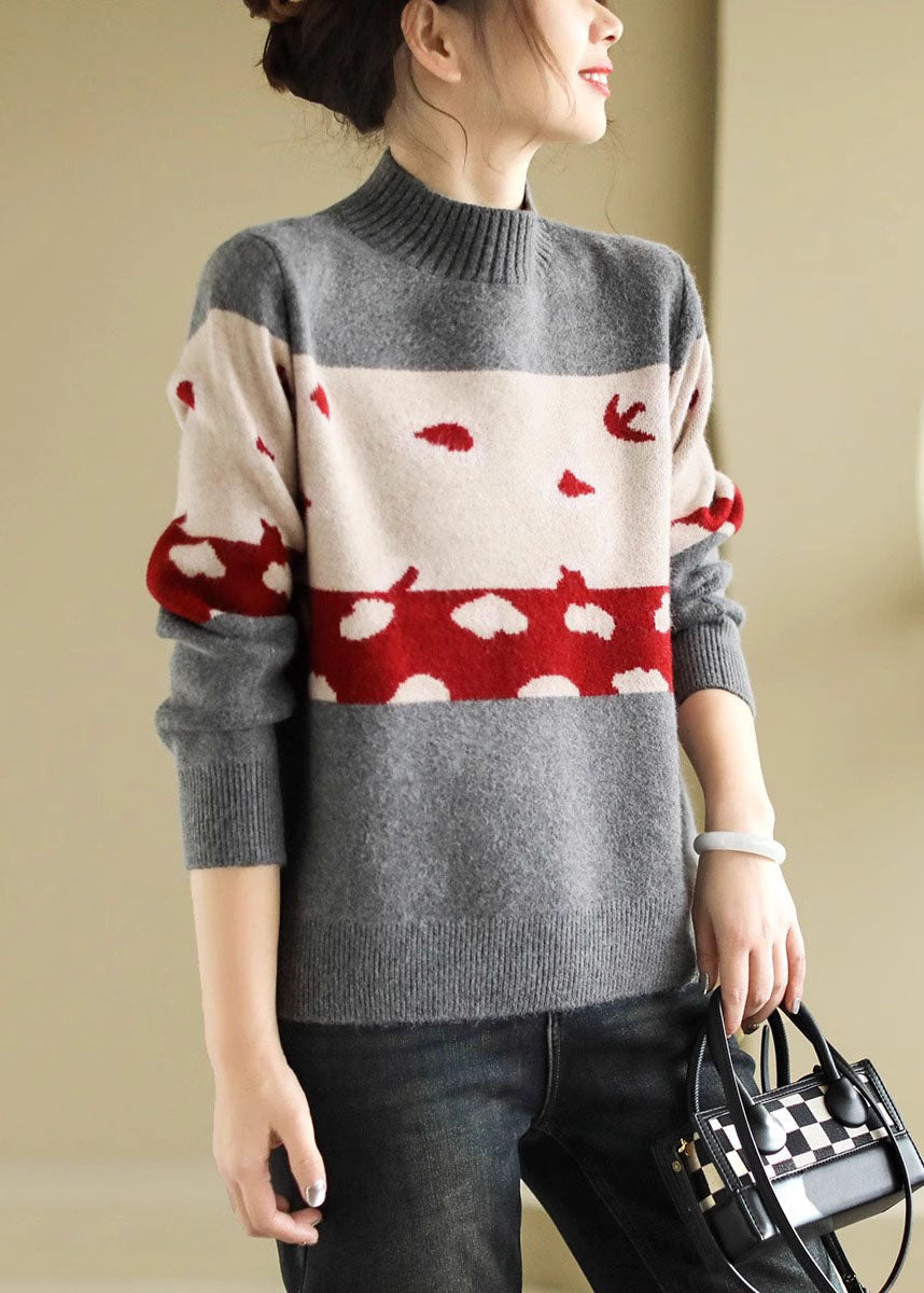 Unique Coffee O Neck Thick Print Knit Sweater Spring