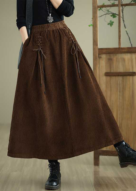 Unique Coffee Pockets Lace Up Elastic Waist Corduroy Skirt Spring