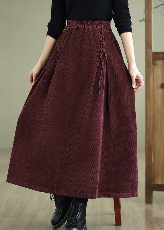 Unique Coffee Pockets Lace Up Elastic Waist Corduroy Skirt Spring