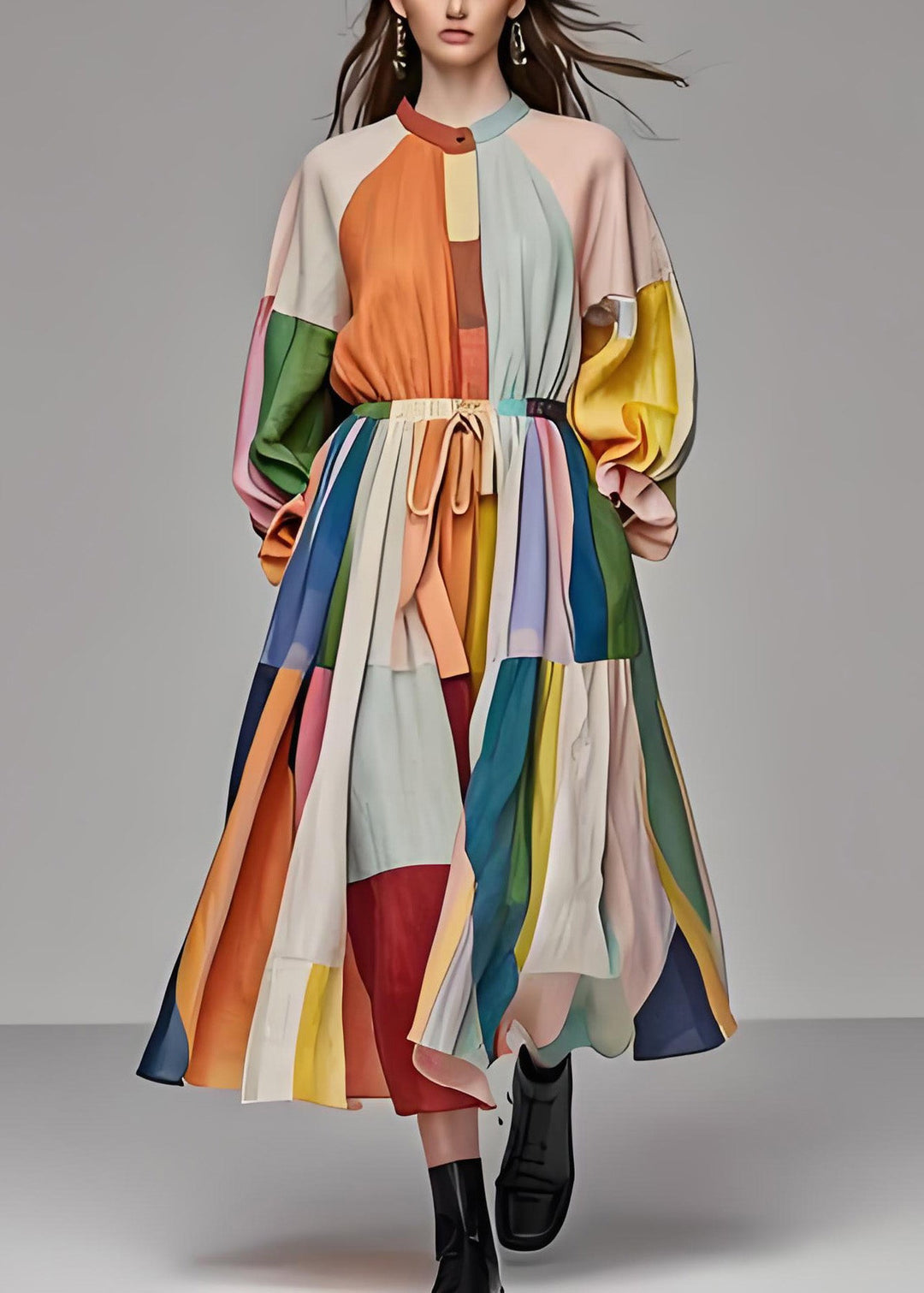 Unique Colorblock Stand Collar Drawstring Cotton Maxi Dress Long Sleeve