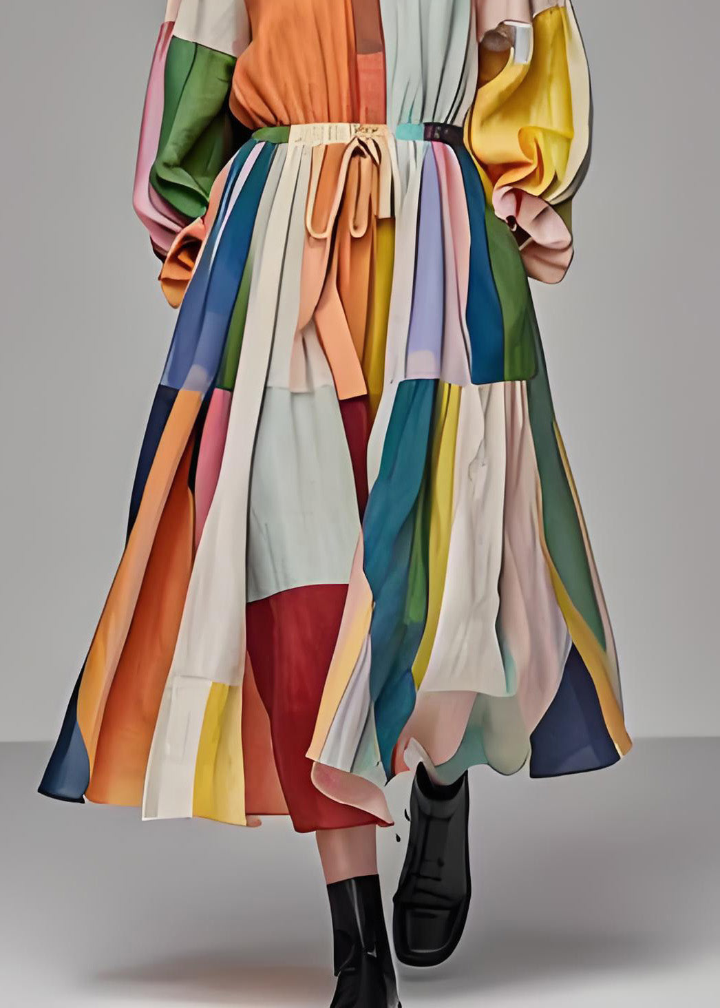 Unique Colorblock Stand Collar Drawstring Cotton Maxi Dress Long Sleeve