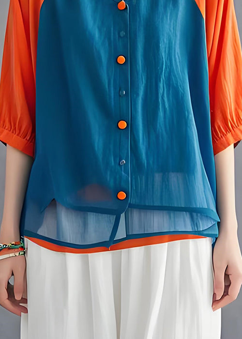 Unique Colorblock V Neck Button Patchwork Cotton Blouses Summer