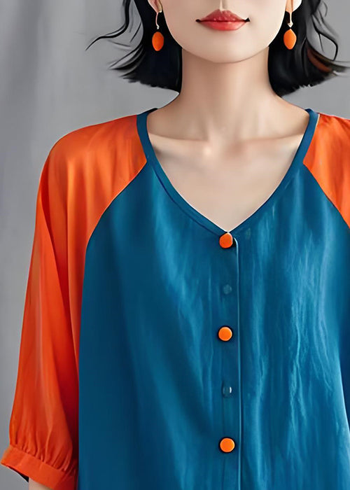 Unique Colorblock V Neck Button Patchwork Cotton Blouses Summer