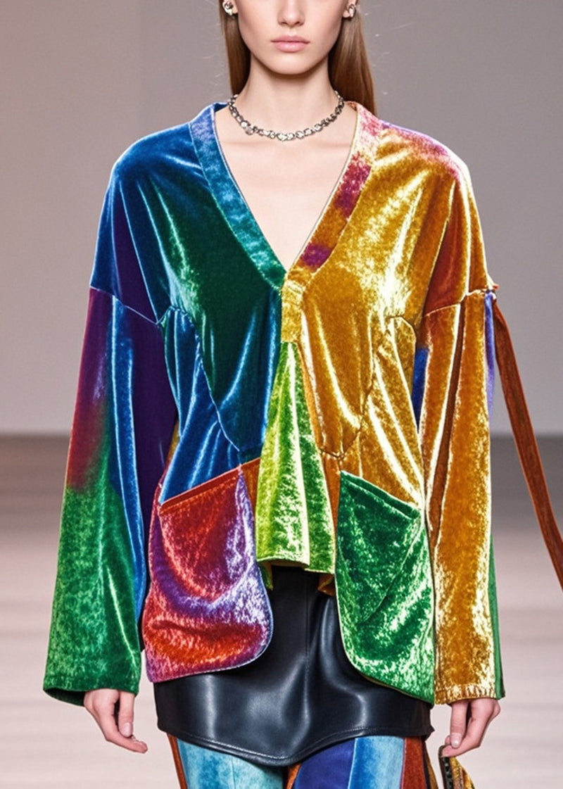 Unique Colorblock V Neck Patchwork Silk Velour Top Fall