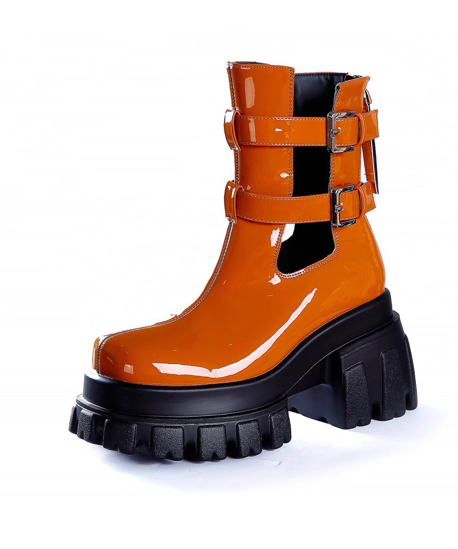 Unique Comfortable Chunky Boots Orange Faux Leather Hollow Out