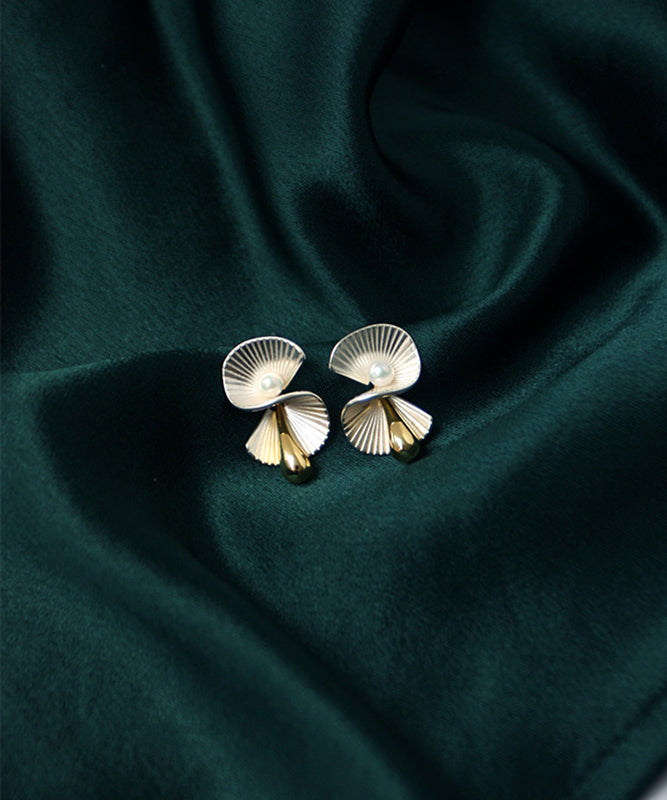 Unique Copper Pearl Fan-Shaped Stud Earrings