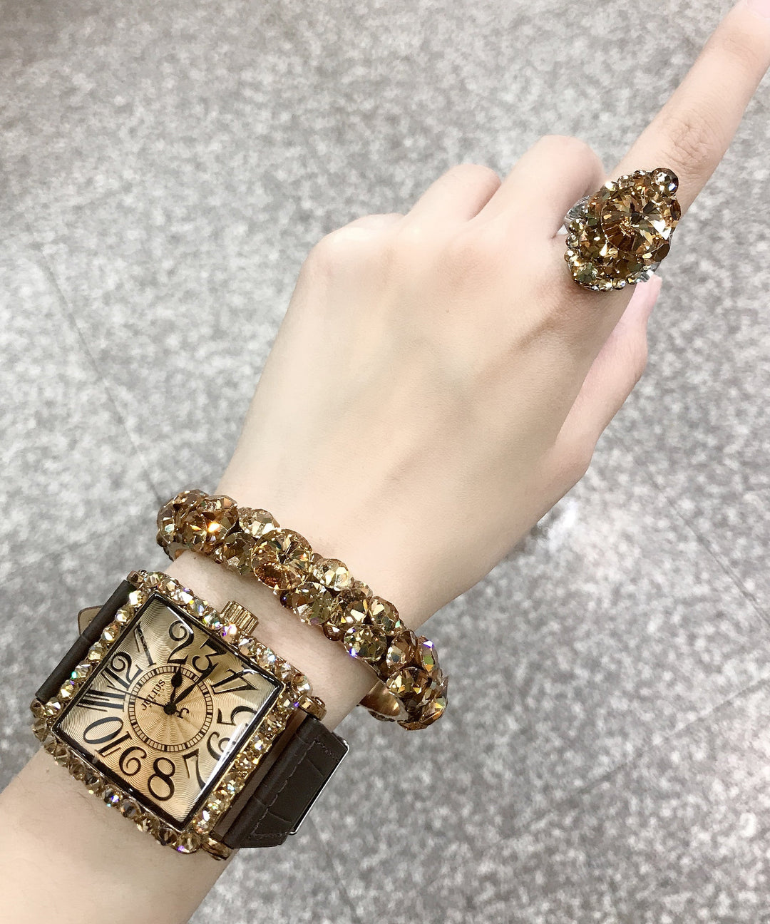 Unique Gold Alloy Zircon Crystal Chain Ring ,Bracelet And Watch Three Piece Set