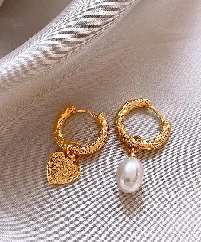 Unique Gold Copper Alloy Asymmetric Love Pearl Hoop Earrings