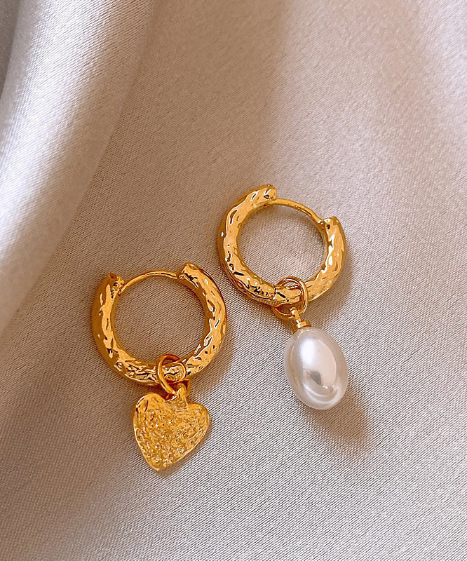 Unique Gold Copper Alloy Asymmetric Love Pearl Hoop Earrings