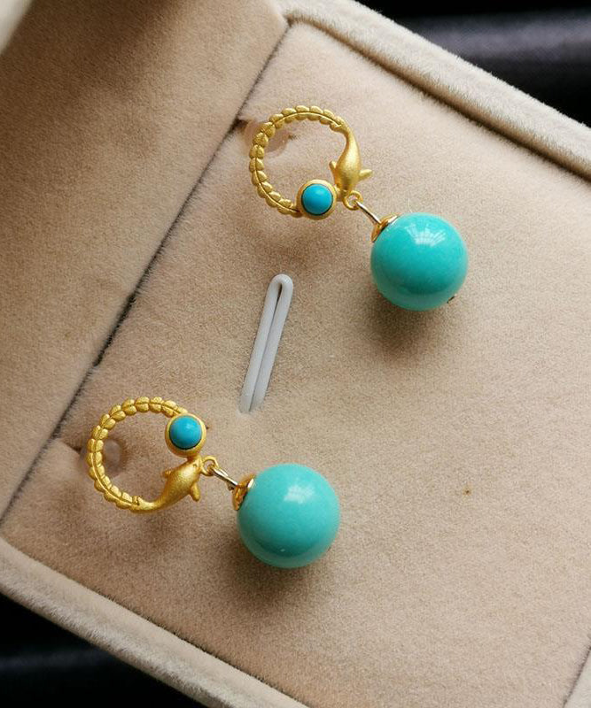 Unique Gold Sterling Silver Overgild Turquoise Drop Earrings