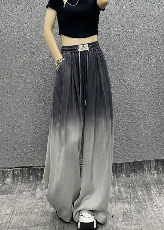 Unique Gradient Grey Pockets Drawstring Cotton Wide Leg Pants Fall