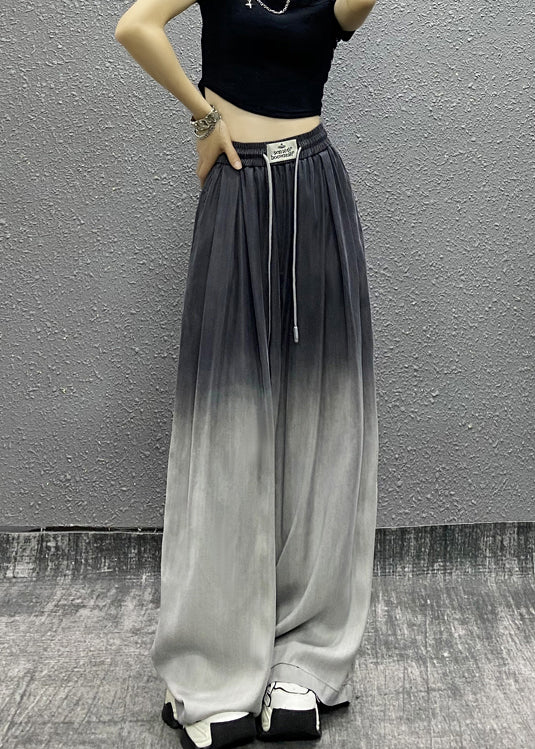 Unique Gradient Grey Pockets Drawstring Cotton Wide Leg Pants Fall