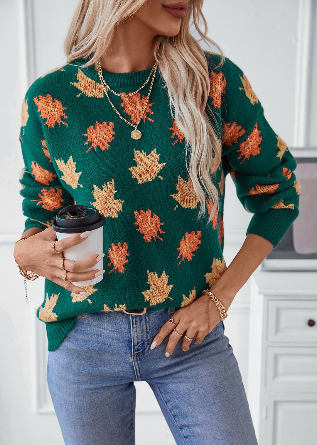 Unique Green O Neck Jacquard Thick Knit Sweaters Fall