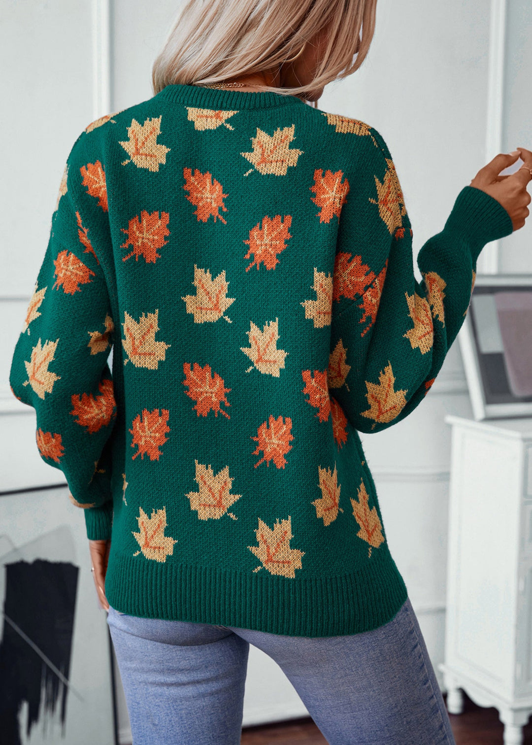 Unique Green O Neck Jacquard Thick Knit Sweaters Fall