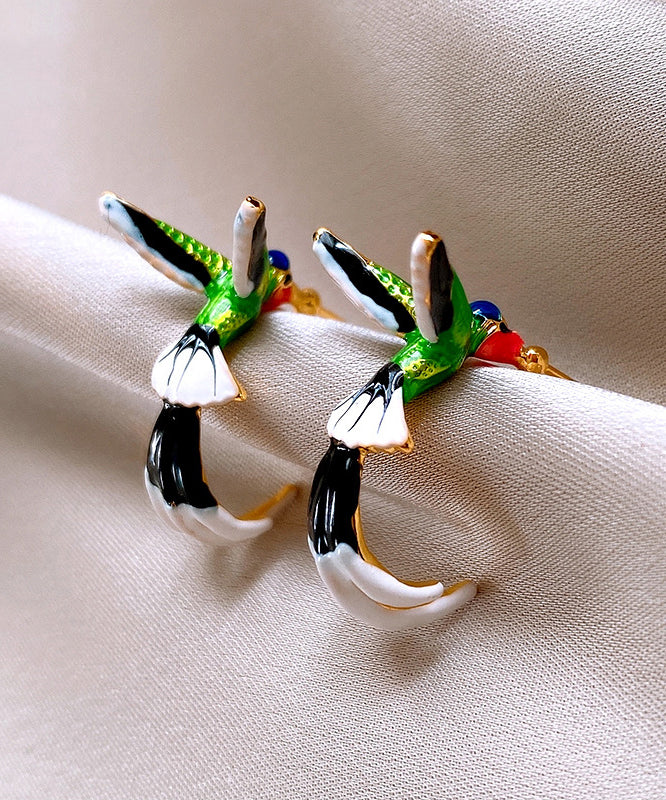 Unique Multicolor Copper Drip Glaze Graphic Little Birds Hoop Earrings