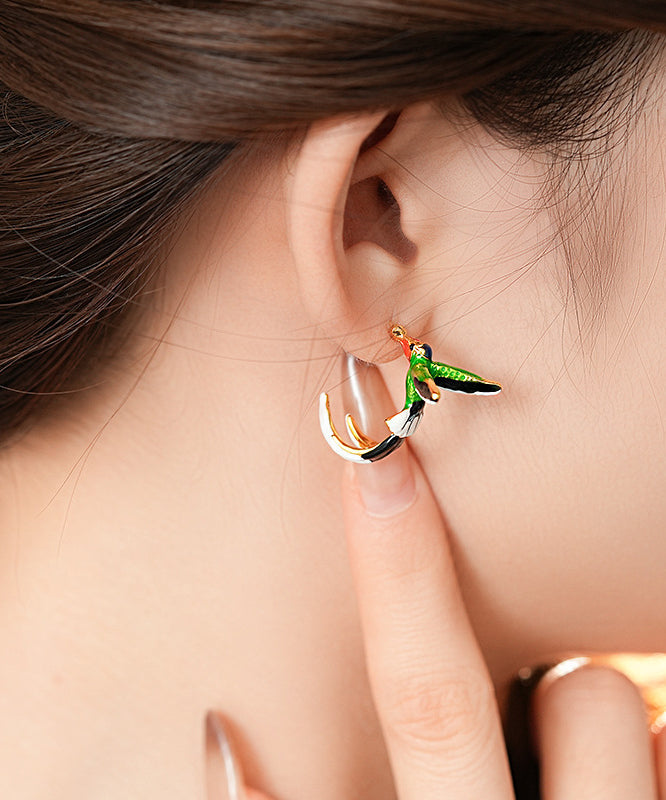 Unique Multicolor Copper Drip Glaze Graphic Little Birds Hoop Earrings