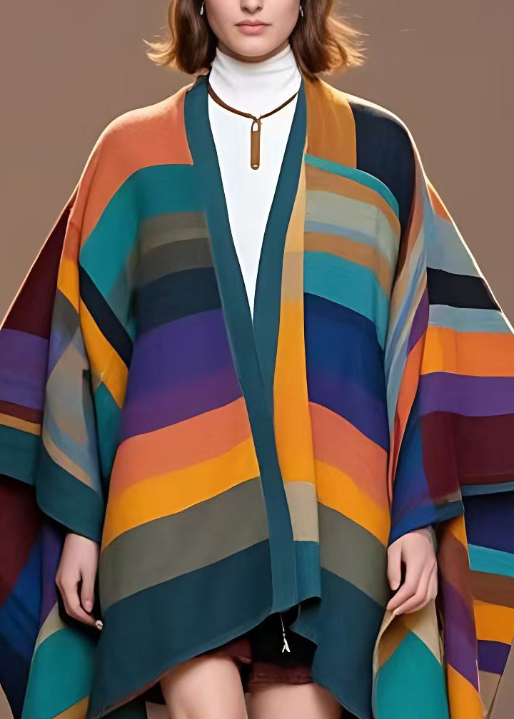 Unique Multicolor V Neck Striped Woolen Coats