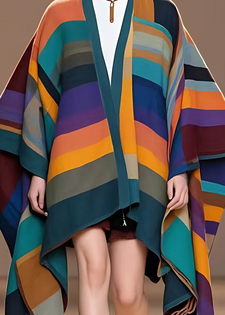 Unique Multicolor V Neck Striped Woolen Coats